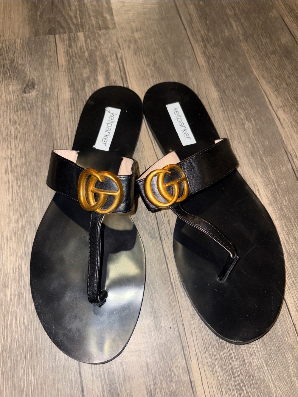 Women’s Black Leather T-Strap Sandals with Gold Accent size 8.5